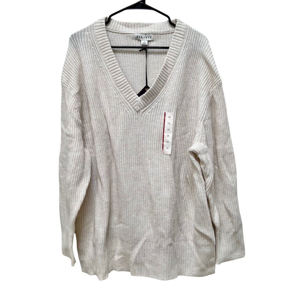 Ava & Viv Womens 1X Cream Shaker Knit Sweater Pullover Chunky NEW Cottage Plus